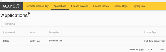 license page for iSentry Axis application 